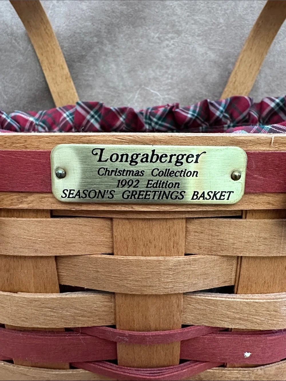 Longaberger Natural Wood Basket with Red Accents and Plaid Liner